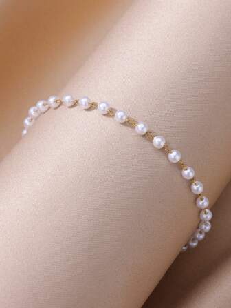 Vintage Faux Pearl Anklet For Women Stainless Steel Jewelry Fashion Elegant Ankle Chain Romantic French Style Summer Gift