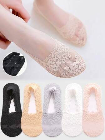 1/5 Pairs Women's Summer Sweat Absorbing Deep Necked Silicone Anti Slip Thin Cherry Blossom Lace Boat Socks (Without Cardboard) Christmas Gift