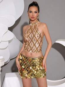 新款性感女装奢华重工亮片手工美甲钻拼接透视网眼背心上衣，时尚挂脖高领无袖露背修身短款上衣，名媛派对聚会夜店蹦床表演服装女士背心上衣 - 金色 - 查看 1