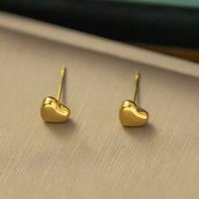 Sweet Style Versatile Heart-Shaped Stud Earrings For Women, Gold Color Small Unique Heart Design Titanium Steel Plated Jewelry