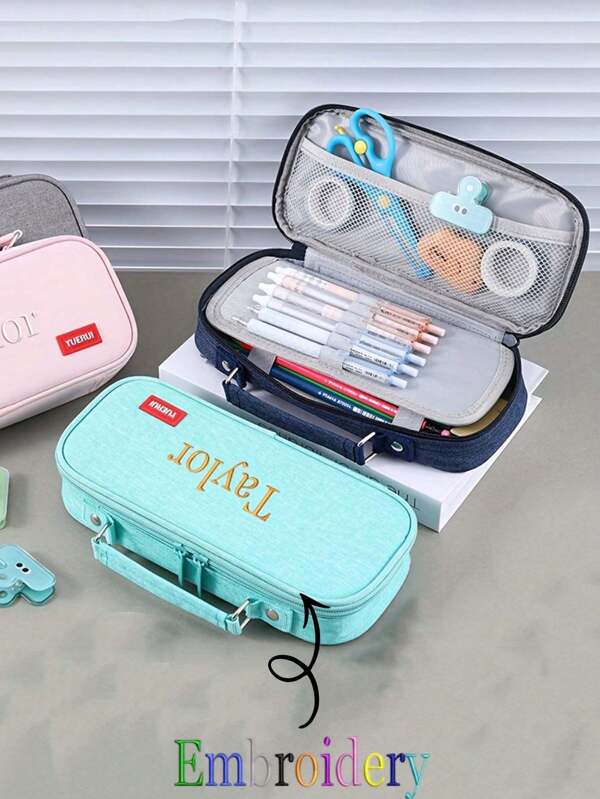 Customizable Pencil Case, Embroidered Text, Large Capacity Pencil Bag With 3 Compartments, Back To School Gift