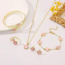 Glow & Grace Sparkling Lucky Flower 5-Leaf Clover Bracelet, Necklace, Earrings, Bracelet, Ring 5pcs Set, Women Jewelry Gift, Vacay Vibes