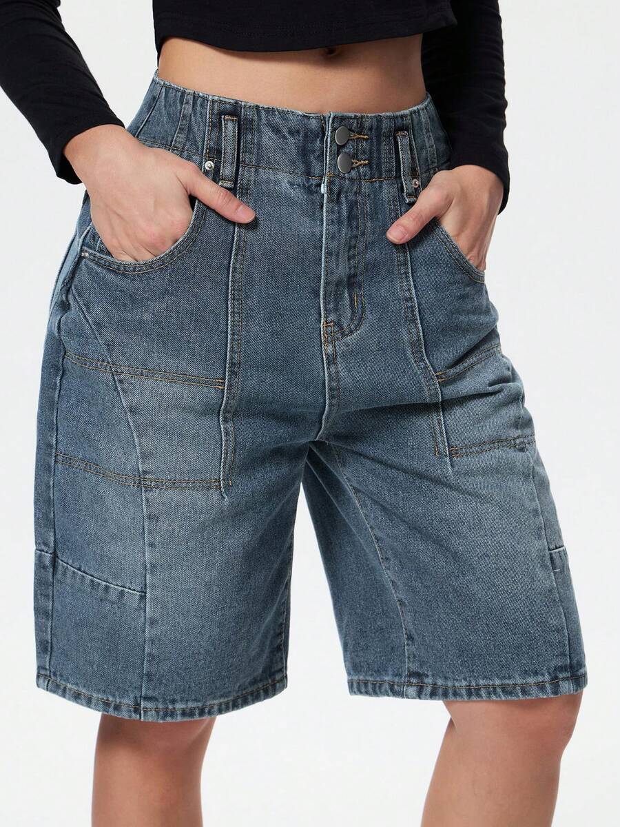 Womens Jorts Denim Shorts Y2k Vintage Baggy Mid Rise Bermuda Jeans Summer Knee Length Jort Short Pants - 藍色 - 查看 1