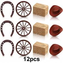 20 piezas Decoraciones para fiesta con temática del oeste, centros de mesa de vaquero, herradura de la suerte, sombreros de vaquero en miniatura, montón de heno simulado, rueda de vagón de madera, decoración para manualidades, suministros para fiesta de vaquero, cumpleaños, boda