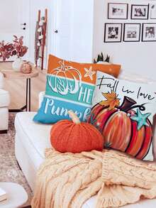 4 件套 Hello Fall 南瓜条纹图案枕套，涤纶装饰拉链单面印花靠垫套，适合派对、沙发、床、农舍、露台的丰收家居装饰