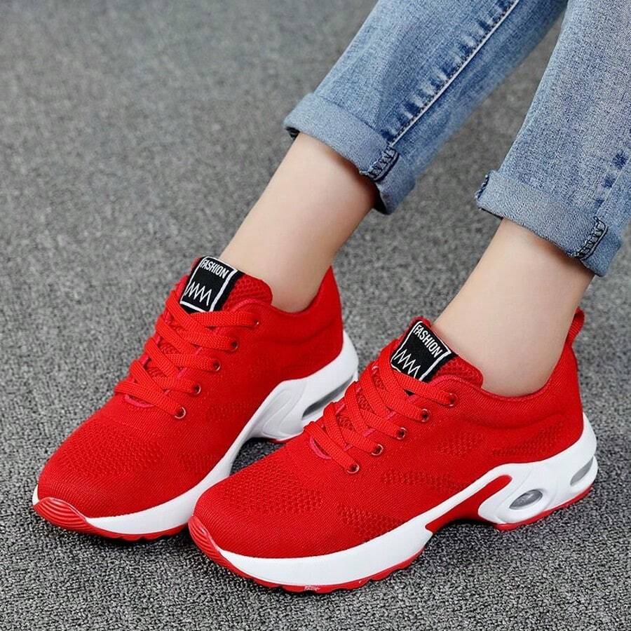 Unisex Height-Increasing Training Shoes - Breathable Fabric Low-Top Sneakers With EVA/PVC Grippy Soles For Walking, Hiking, Camping - All-Season Comfort & Durable Design (Black/Red/White), Hiking Boots, Outdoor Footwear, Flexible Footwear - 紅色 - 查看 1
