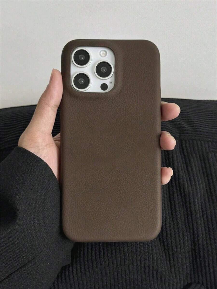 Funda para teléfono (1 unidad), lujosa, color sólido, con estampado de cuero de lichi, TPU suave, compatible con phone 12, 13, 14, 15, 16 - Marrón - Ver 1