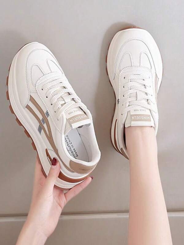 Chic White Color - Block Casual Sneakers – Retro - Inspired Design, Thick Sole For Comfort, Perfect For Daily Wear & Sports, Women's Athletic Footwear