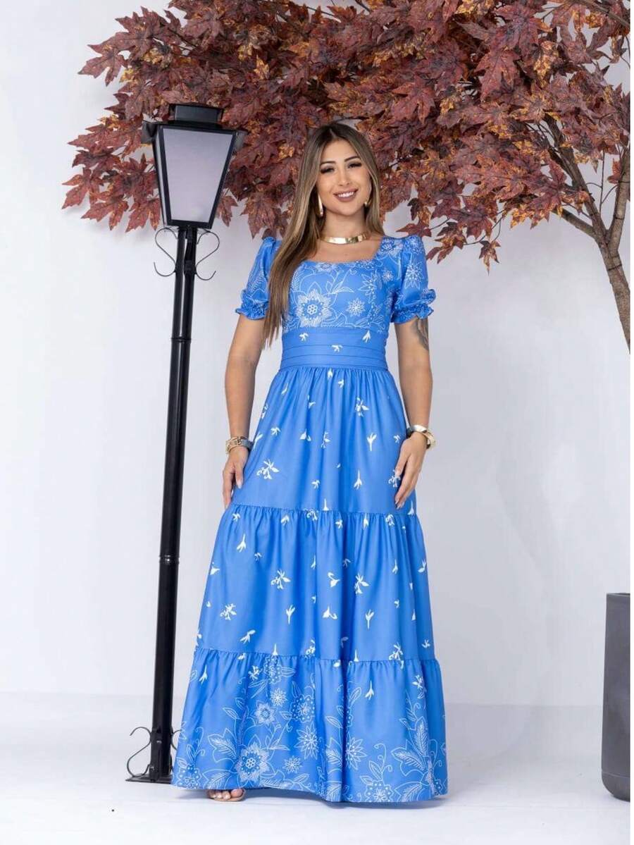 Elegant Long Women's Dress With Short Sleeves And Print - 淺藍色 - 查看 1