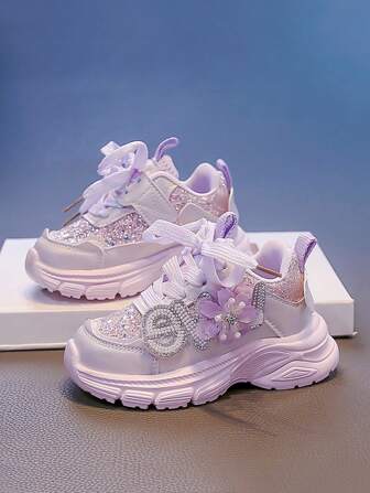 女童运动鞋，新款夏秋季儿童厚底水晶花朵图案鞋，休闲婴幼儿运动鞋，可爱女宝宝时尚校园学生中码跑鞋，透气网眼