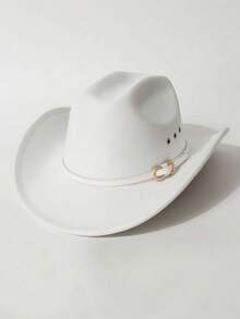 1 件男女通用西部牛仔帽，饰有纯色撞色金属扣细腰带和侧边撕边细节，适合西部主题活动、音乐节、派对、日常穿着，适合所有季节