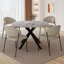 5 Sets Of Tables And Chairs, Circular Dining Tables And Chairs For 2-4 People, Imitation Marble Dining Table, Corduroy Fabric Armchairs, Home Decoration.Suitable For Small Spaces, Family Kitchens, Restaurants, Apartments, Offices - 灰色 - 查看 3