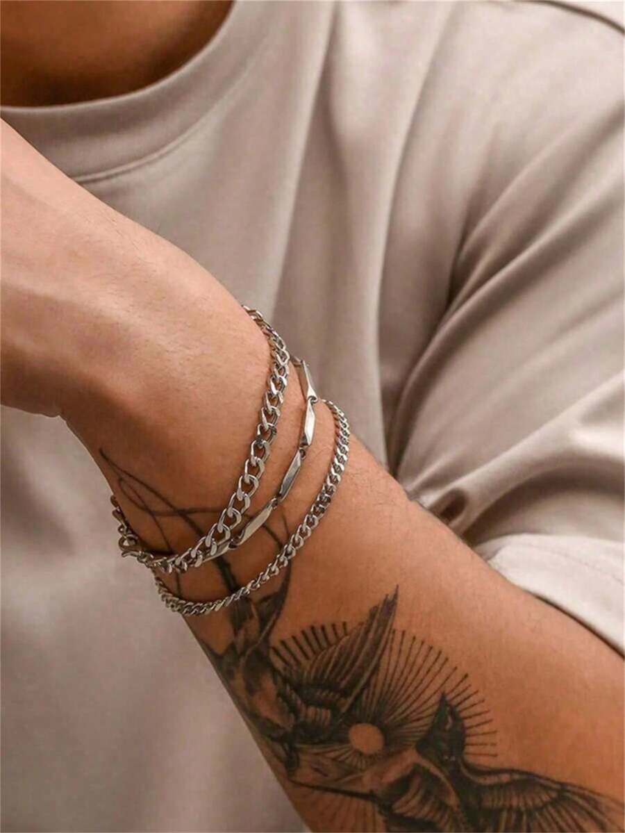 3 Pieces Set/Set Of Simple Titanium Steel Fashionable Men's Chain Bracelet, Suitable For Daily Wear. - Silver - View 1