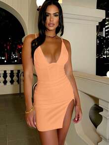 Women's White Ruched Slit Fitted Bodycon Strap Mini Dress, Suitable For Party, Date, Vacation And Other Occasions Elegant Summer - Orange - View 5