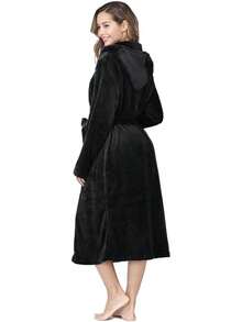 Womens Robes  Fleece Hooded Bathrobe Thick Nightgown With Pockets Fluffy Sleepwear - 黑色 - 查看 4