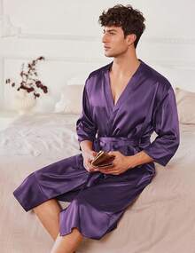Mens Satin Robe Lightweight Silky Kimono Bathrobe 3/4 Sleeve Spa Knee Length Loungewear With Pockets S-3XLhalloween - Dark Purple - View 10