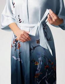 Women's Long Satin Silky Kimono Robe - Japanese Bathrobe Nightgown Loungewear Blouse - Plum - Gradient Gray - View 4