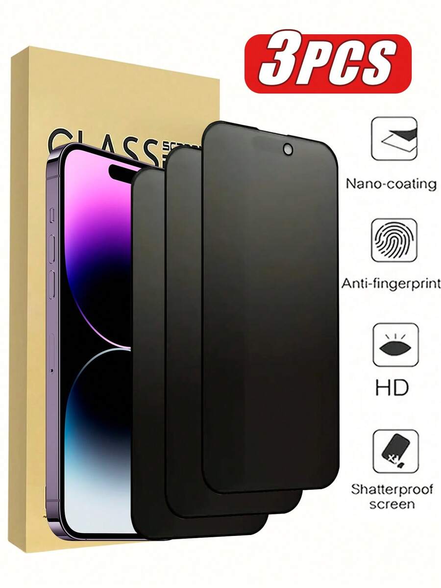 3pcs Apple Full Screen Privacy Tempered Glass Film, Full Screen Coverage, Privacy Protection, Silk Printed Black Bezel, 9H Ultra-Hard Hardness, No Bubbles, Compatible With IPhone 17/17 Pro/17 Pro Max/17 Air/16 Pro Max/16/15/14/13/12/11/X/XS/XS Max/XR/E/Mini - Black - View 1
