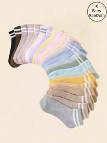 10 Pairs Women's Casual Two-Stripe Sports/College Style Breathable Short Socks, Assorted Colors Christmas Gift - Multicolor - View 1