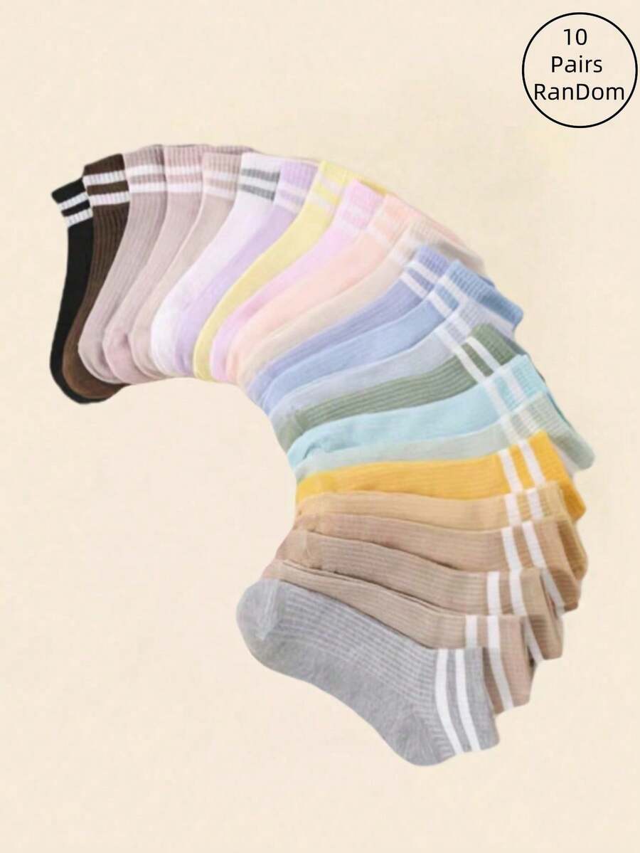 10 Pairs Women's Casual Two-Stripe Sports/College Style Breathable Short Socks, Assorted Colors Christmas Gift - Multicolor - View 1