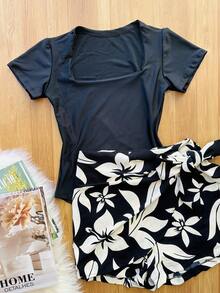 KISTYLE Women's Set Of Suplex Bodysuit + Skirt With Printed Shorts With Lining - Black and Transparent - View 3