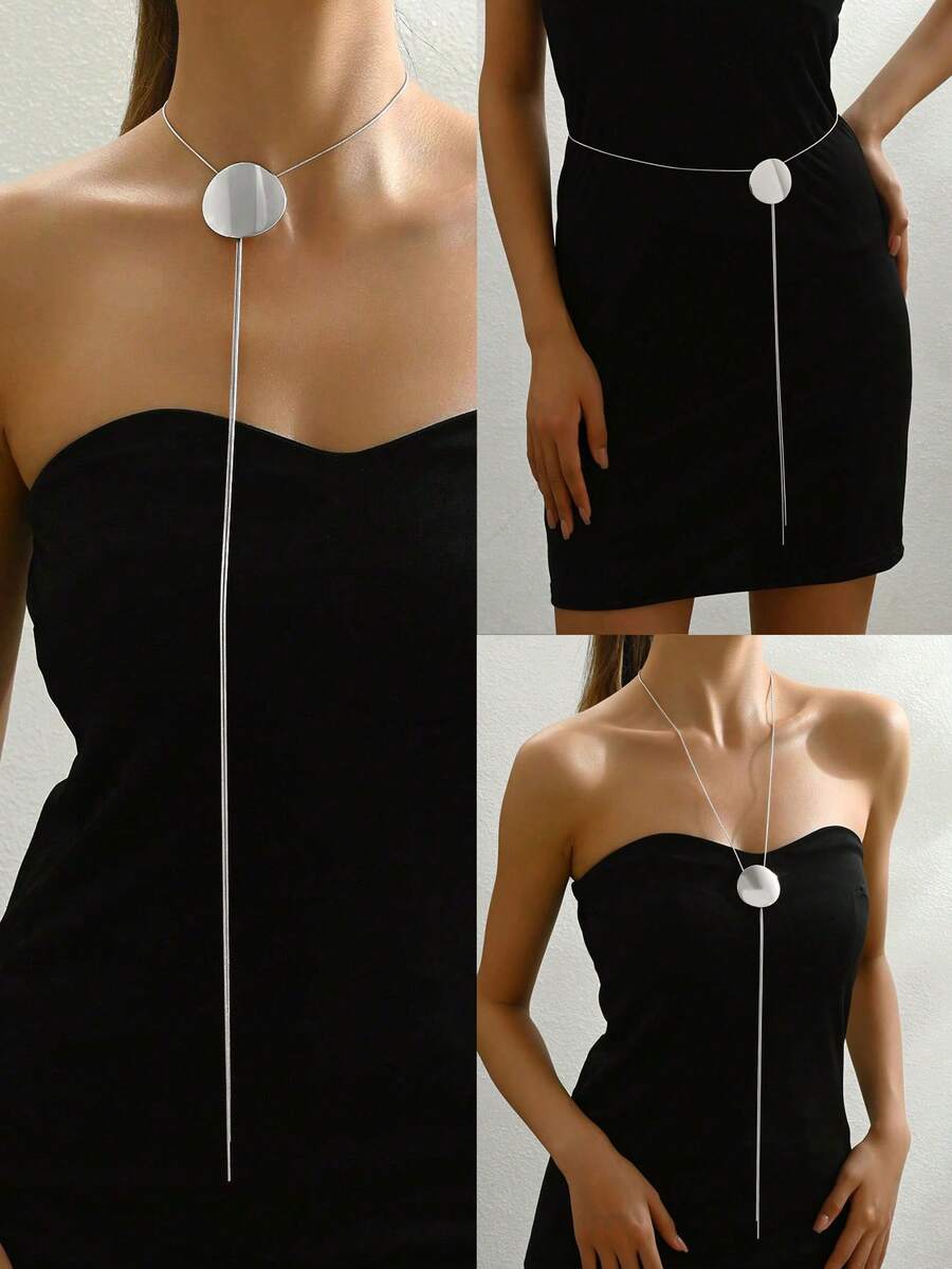 1 chiếc vòng cổ kim loại bạc hình tròn trơn có thể điều chỉnh/dây chuyền eo/dây chuyền lưng, đeo đa năng