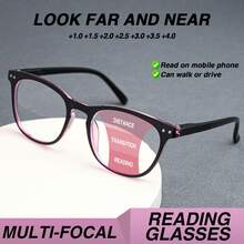 1 pieza Gafas de lectura vintage con marco redondo multifocales, gafas de 2 en 1 para visión lejana y cercana, con diseño de marco pequeño y redondo con remaches, de alta calidad con varillas de metal con muelles, de moda unisex para lectores multifocales - polvo negro - Ver 2