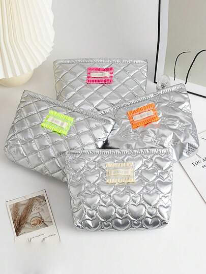 Quilted Heart & Diamond Shaped Cosmetic Bag, PU Leather Fresh & Cute Toiletry Storage Pouch, Minimalist Large Capacity Portable Liner