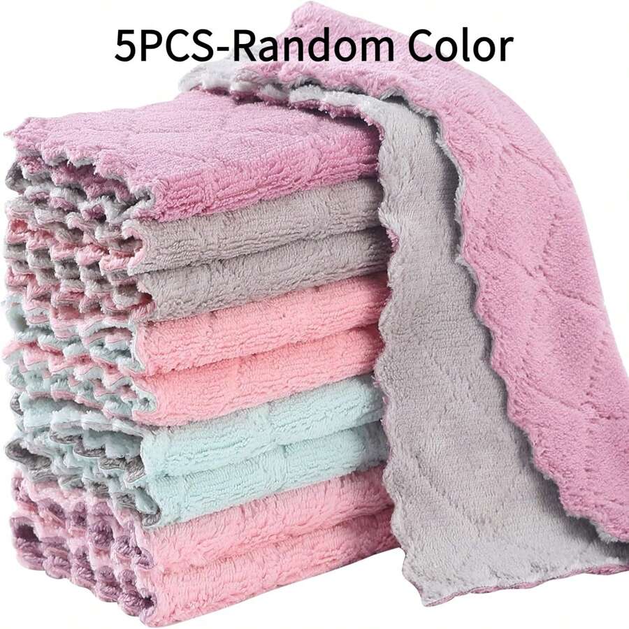 5pcs Random Color Super Absorbent Microfiber Kitchen Dish Cloth High-Efficiency Tableware Household Cleaning Towel,Kitchen,Bathroom,Home,Household Suppliers