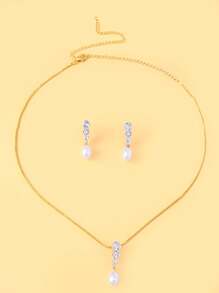 1 Set Gold Metal Thin Chain Diamond-Studded Pearl Necklace And Earring Set, Suitable For Party, Event And Daily Accessories