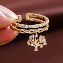 1pc Creative Tree Of Life Design Adjustable Ring With Artificial Zirconia Stones For Women