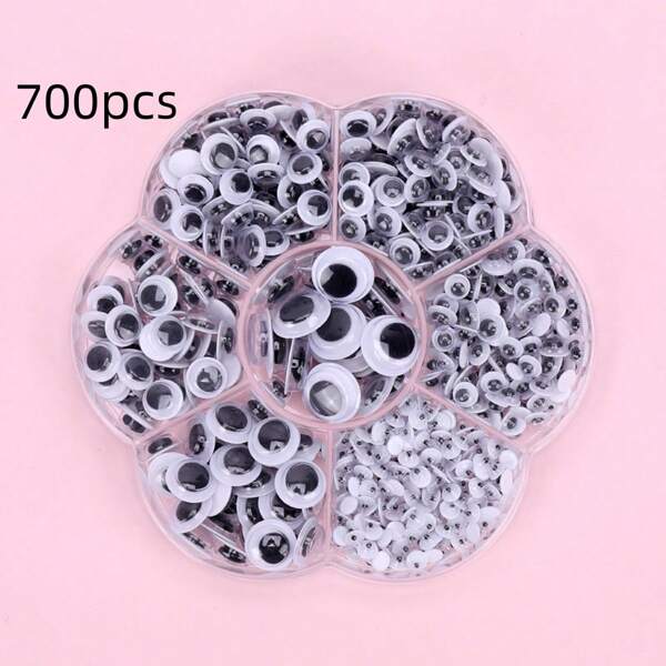 700pcs/Box DIY Doll Eyes, 4mm-12mm Movable Black & White Craft Eyes, Self-Adhesive For Doll, Doll, Craft DIY Scrapbook (7 Sizes), With Box