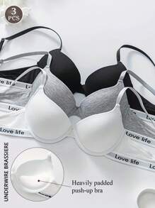 3件套轻薄衬垫字母印花聚拢文胸，女士钢圈文胸