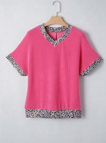 亮粉色豹纹拼布绳纹V领T恤上衣
