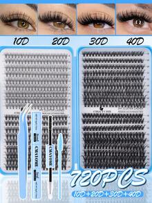 720/666/648 片/套 DIY 睫毛嫁接套装，睫毛簇套装，10D-150D 卷度，包含睫毛胶水、镊子和睫毛刷。家用。附赠睫毛造型指南（4 种款式）。多用途睫毛簇套装。睫毛。假睫毛。 - 淺藍色 - 查看 7