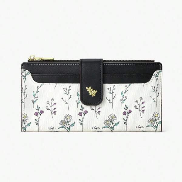 Suphiar Carteira Longa Feminina SUPHIAR - Estampa Floral Fresca Azul Claro Encaixe + Folha Dourada Múltiplos Slots para Cartões Zíper Design para Carteira de Dinheiro Feminina Bolsa Carteira Fofa