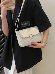 Fashion Solid Color Crocodile Pattern Belt Decoration Crossbody Bag - Beige - View 7