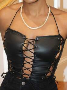 Áo yếm hở vai ngắn buộc dây phía trước kiểu mới 2024 Dây đeo màu đen PU gợi cảm hở vai - màu đen - Xem 1