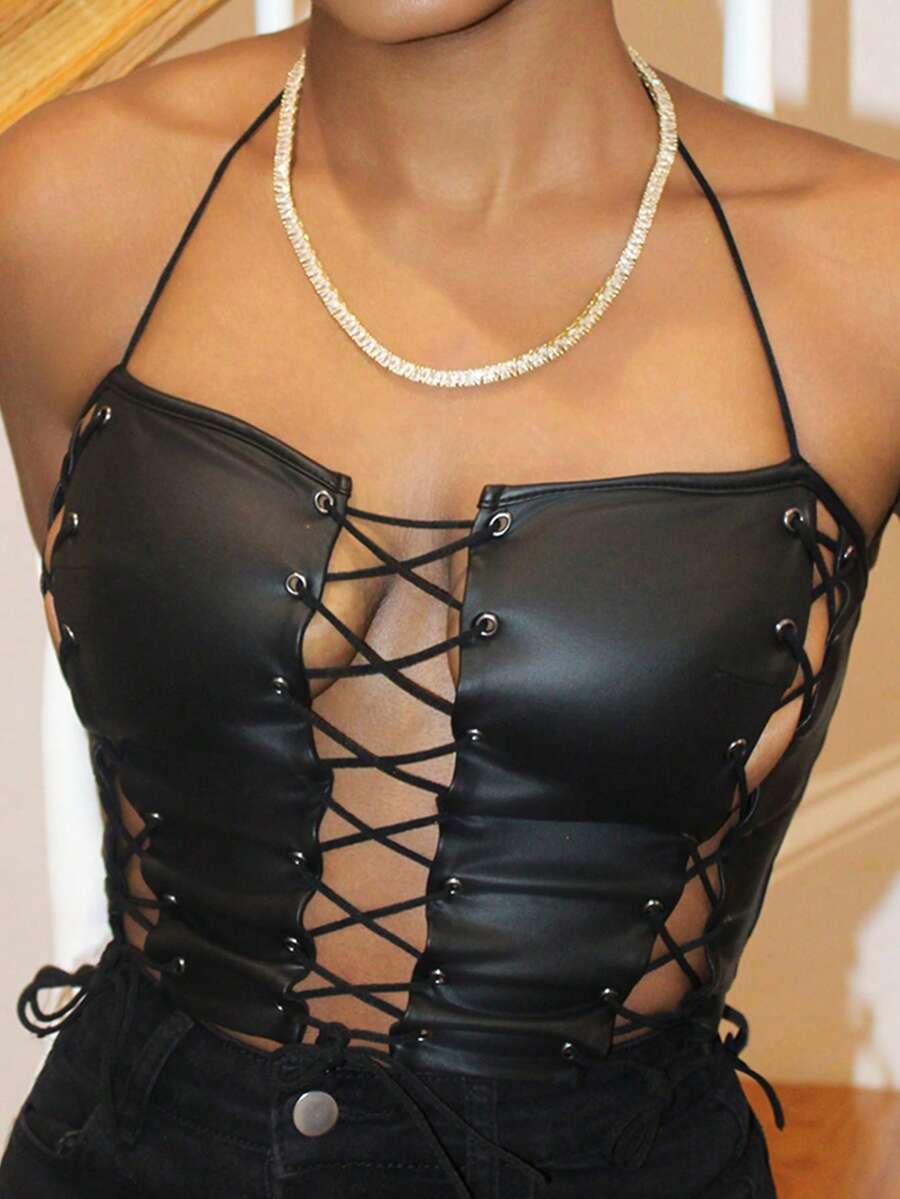 Áo yếm hở vai ngắn buộc dây phía trước kiểu mới 2024 Dây đeo màu đen PU gợi cảm hở vai - màu đen - Xem 1