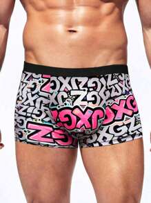 1pc Men's Boxer Briefs - Assorted Graffiti Prints, Casual Geometric Pattern Shortie Pantie , Comfortable, Casual Everyday Shorts With Vibrant Street Art Design, Everyday Underwear | Vibrant Print Boxers | Stretchable Fabric