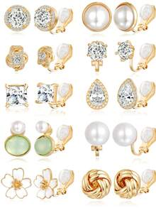 10 đôi bông tai kẹp hình bướm/hoa/nơ sang trọng, thời trang, chất liệu đá Cubic Zirconia cao cấp AAA+ và ngọc trai giả, phù hợp cho nữ giới - Thích hợp để đeo hàng ngày, dự tiệc và làm quà tặng ngày lễ. - Vàng - Xem 11