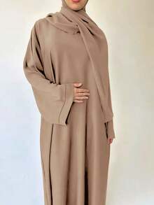Women's Solid Color Arabic Style Long Sleeve Dress, Casual Long Dress - Khaki - View 1