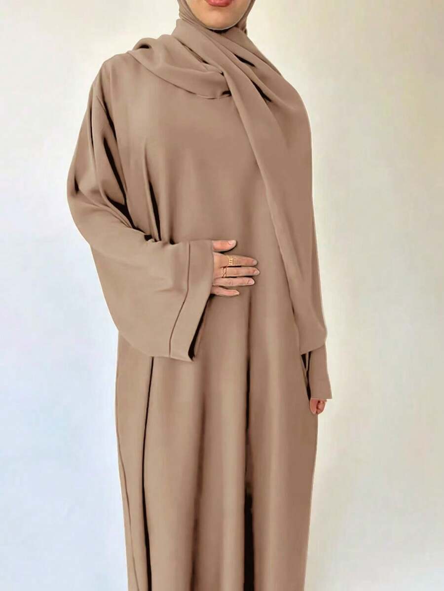 Women's Solid Color Arabic Style Long Sleeve Dress, Casual Long Dress - Khaki - View 1