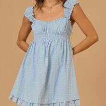 Women's Eyelet Mini Dress Sleeveless Sweetheart Neck Ruched Bust Short Flowy Dress Summer Babydoll Dress - 藍色 - 查看 1
