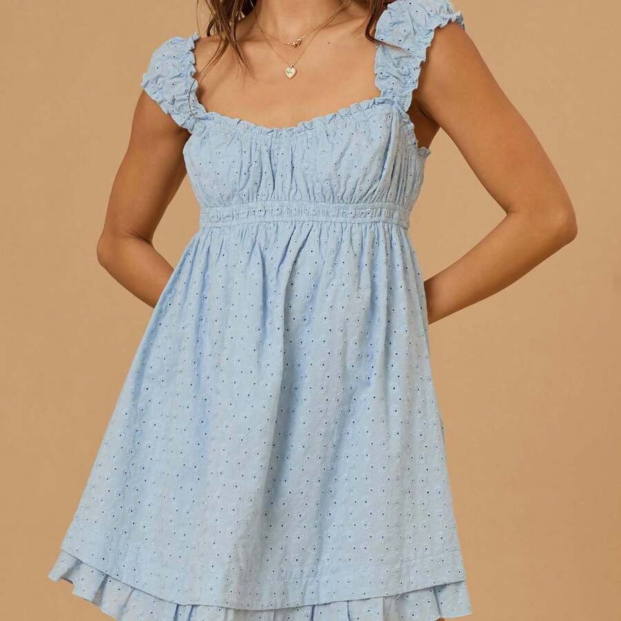 Women's Eyelet Mini Dress Sleeveless Sweetheart Neck Ruched Bust Short Flowy Dress Summer Babydoll Dress - 藍色 - 查看 1