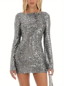Women Mini Bodycon Dress Sequins Long Sleeve Tie-Up Backless Cocktail Dress Spring Fall Party Dress - 銀灰色 - 查看 2