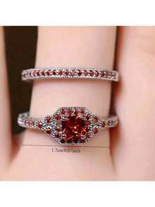 2pcs/Set Luxury Women Fashion Square Synthetic Zirconia Engagement Wedding Rings Set, Elegant Princess Charming Precise Proposal Promise Ring, Birthday Party Anniversary Memorial Ring, Valentine's Christmas Gift - Red - View 4