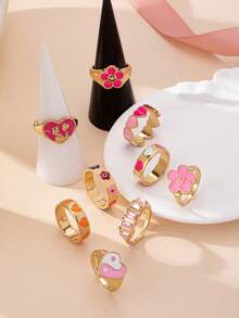 9pcs/Set Enamel Glazed Floral & Star Shaped Rings, Simple Elegant Fashion Accessory Suitable For Gift, Party, Daily Wear - Yellow Gold - View 5