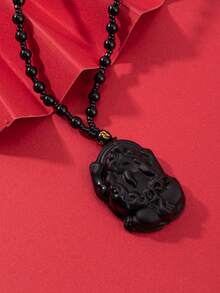 1pc Chinese Style Obsidian Stone Dragon Pixiu God Of Wealth Pendant Necklace - Black - View 6