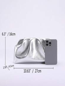 1 件金属光泽 PU 褶饰云朵手拿包，银色，简约日常手提包，优雅女士晚会包 - 銀色 - 查看 4